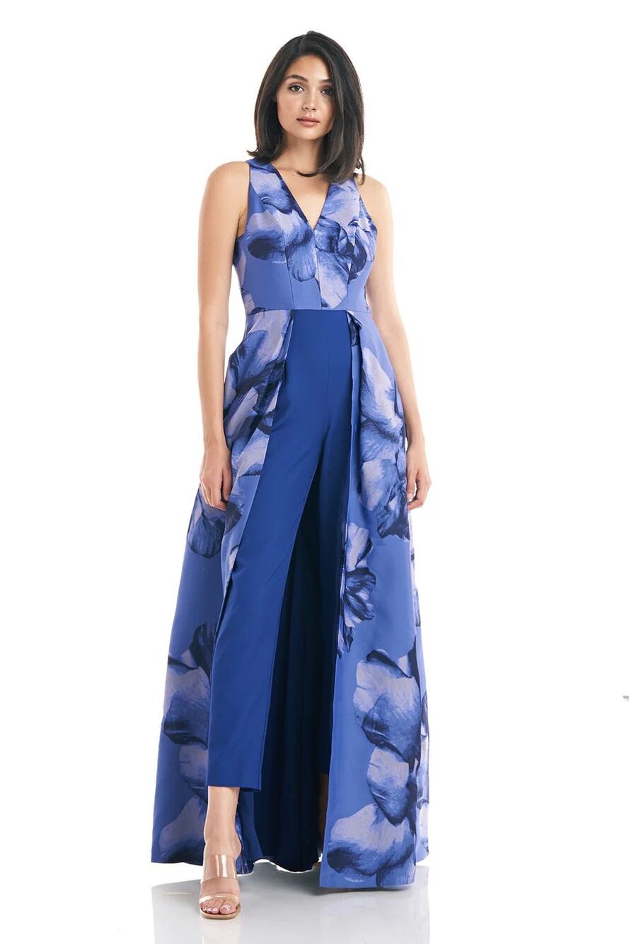 Kay Unger Reign Blue Floral Walk Thru Skirted Sleeveless Formal Jumpsuit Size 10